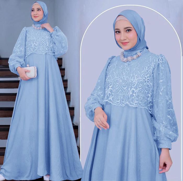 Promo Gamis Terbaru Simple Tapi Mewah Casual polos brokat elegan kekinian  pesta kondangan Laras Dress Kancing Kombinasi Muslim Mutiara Tile Panjang 