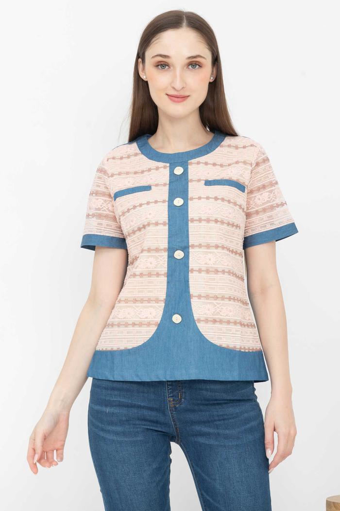 Gambar *Ready Stok* SISTER'S - Atasan Brukat Kombi Denim 7308 (ZE) - Pink, 5L dari Sisters Fashion Group undefined Tokopedia