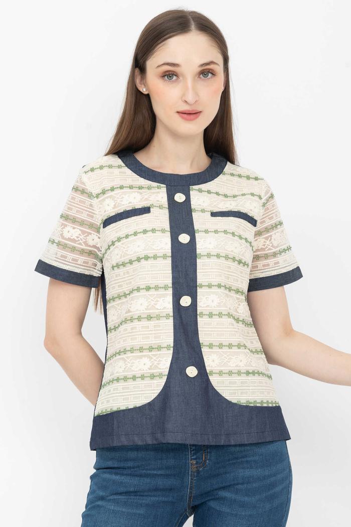 Gambar *Ready Stok* SISTER'S - Atasan Brukat Kombi Denim 7308 (ZE) - Hijau, 3L dari Sisters Fashion Group undefined Tokopedia