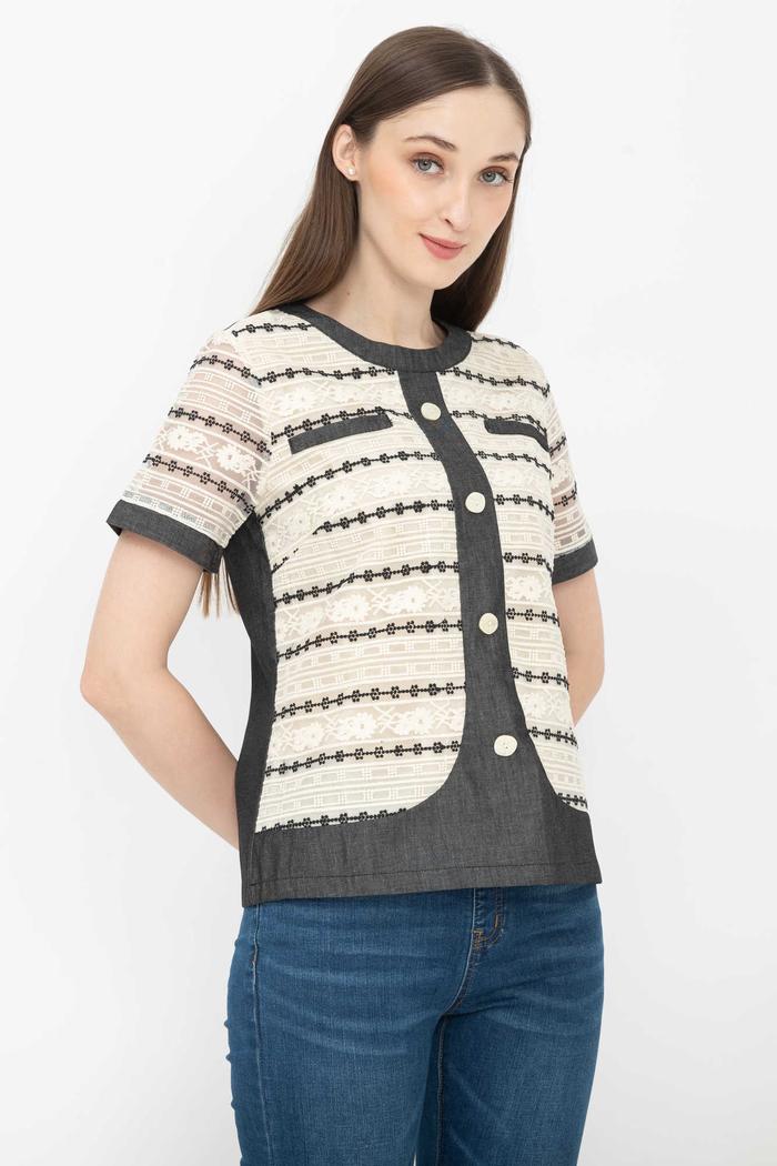 Gambar *Ready Stok* SISTER'S - Atasan Brukat Kombi Denim 7308 (ZE) - Hitam, 2L dari Sisters Fashion Group undefined Tokopedia