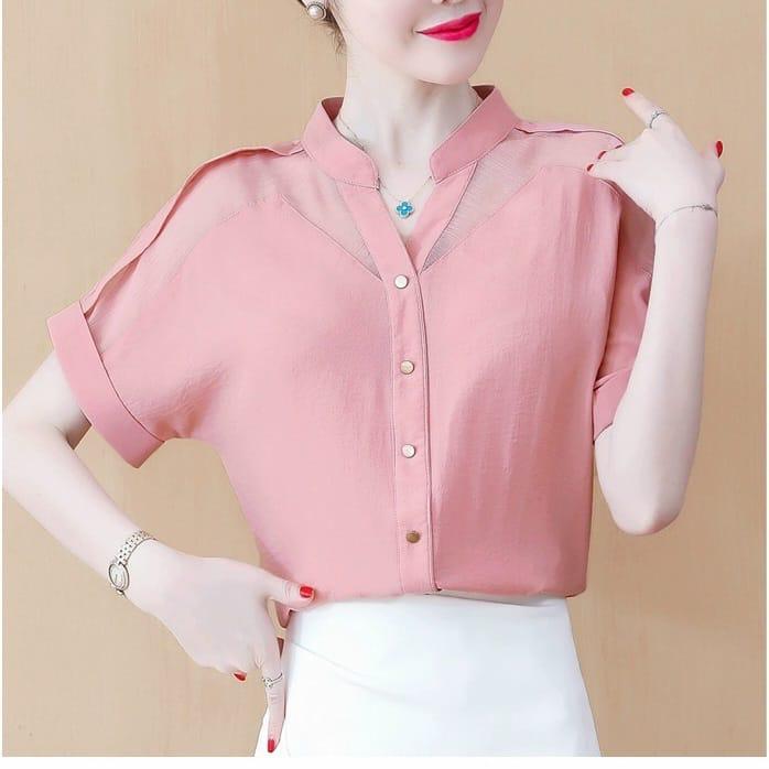 Gambar 03DD Kemeja Katun Tencel Lengan Pendek Shortsleeves split-neck Korea Kerja Kantor Kasual Casual Import 2197 - Merah Muda, L dari ECLAIRE FASHION BOUTIQUE undefined Tokopedia