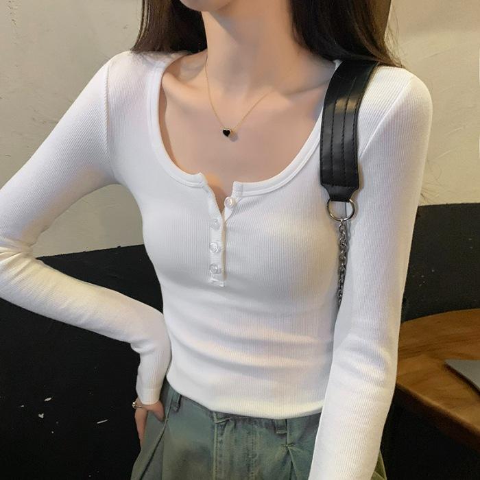 Gambar Baju Kaos Rib Lengan Panjang Wanita Kancing Long-Sleeved Top Atasan Model Slim Fit 1659 - Putih, XXL dari WEAR MY undefined Tokopedia