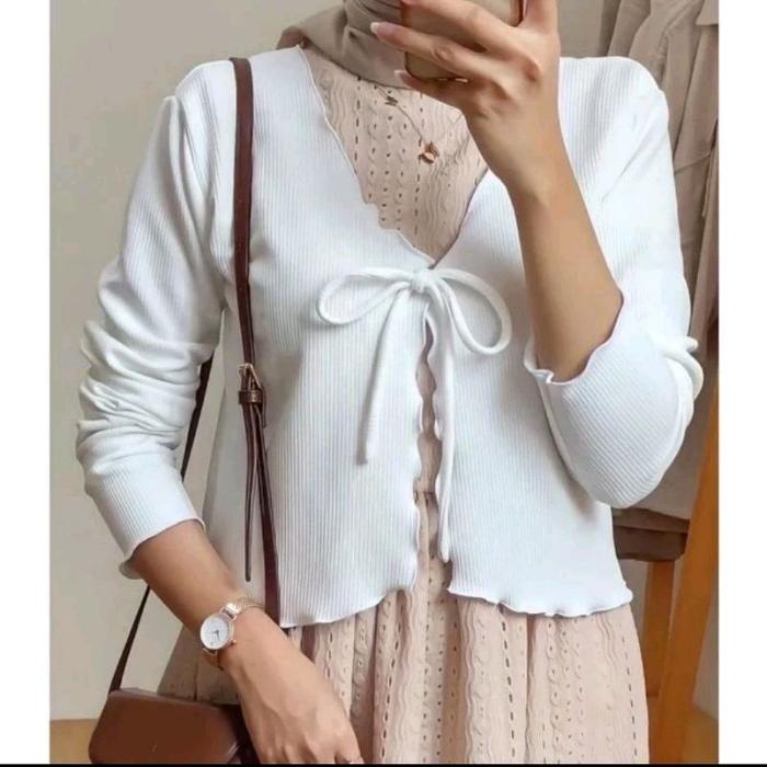 Gambar Cardigan Crop Tali Korean Knit + Outer Korean Style + Cardigan - Putih dari Thakaoo_Store undefined Tokopedia