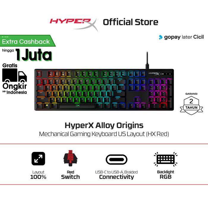 Gambar HyperX Keyboard Gaming Alloy Origins 100% Wired Red​ / Aqua / Blue Mechanical Switch Aluminium RGB LED Full Size Free Keycap Puller Alumunium Non Wireless Non Hotswap - Red Switch dari HyperX Indonesia undefined Tokopedia