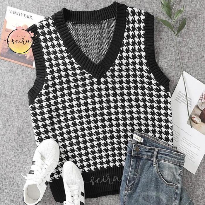 Jual Ekstra [Bisa Cod] Jennie Vest Rajut Houndstooth Vest