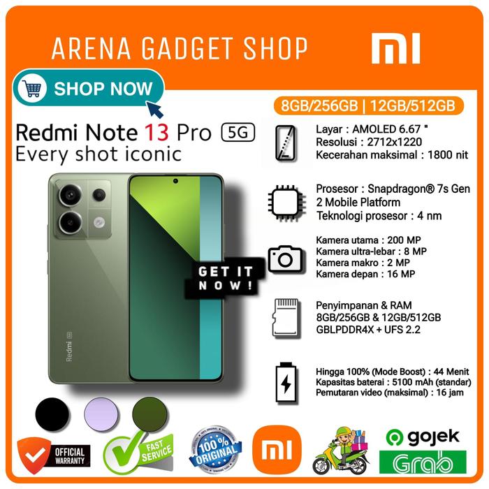 Gambar Xiaomi Redmi Note 13 Pro 5G Ram 8/256Gb New Garansi Resmi Indonesia - Hijau, Ram 8/256GB dari ArenaGadgetShop undefined Tokopedia