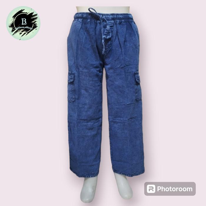 Gambar CELANA KULOT CARGO JEANS WANITA TERBARU FULL KARET PINGGANG MUAT SAMPAI BB 65 KG - Blue Snow dari BaliloveOfficial undefined Tokopedia