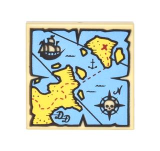 Gambar Lego Tan Part 3068pb0929 Tile 2 x 2 with Map Blue Water, Yellow Land, Black Pirate Ship, Compass Rose, White Skeleton Head and Red 'X' Pattern dari brickscreation undefined Tokopedia