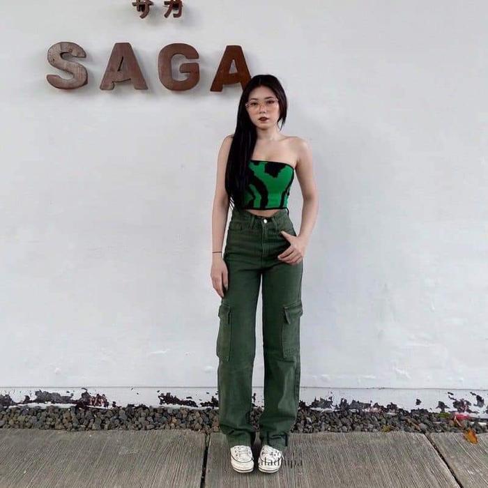 Gambar Celana Cargo Highwaist Loose Jeans Wanita - Celana Cargo jeans wanita Terbaru - Hijau army, 30 dari Cesspleng fashion undefined Tokopedia