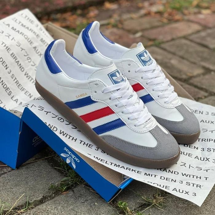 Gambar PROMO SNEAKER ADIDAS SAMBA ORIGINAL PUTIH PRANCIS GUM - SEPATU CASUAL PRIA - SEPATU TIGA GARIS BIRU MERAH - PUTIH KODACHI, 39 dari mens sneaker undefined Tokopedia