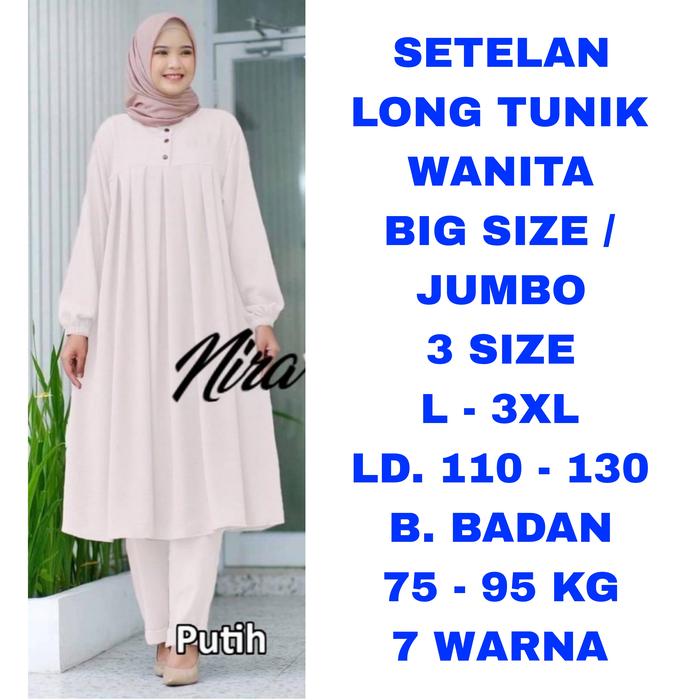 Gambar WK SETELAN LONG TUNIK WANITA BIG SIZE JUMBO LD. 110  LD. 120 LD. 130 BAJU SETELAN MUSLIM ONE SET PUTIH HAJI UMROH - Putih, LD. 110 dari warungkim undefined Tokopedia