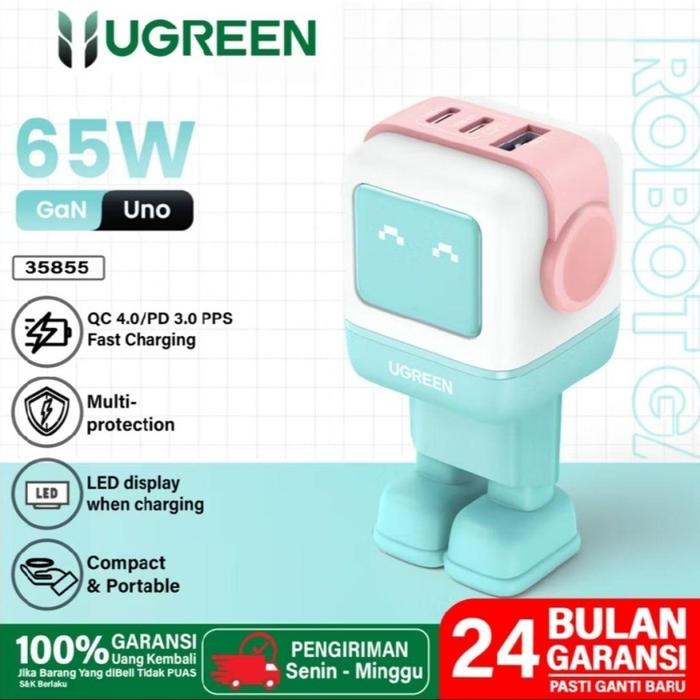 Gambar Ugreen Kepala Charger Nexode GAN Robot 2 USB Type-C + 1 USB PD QC Fast Charging 65W - 65W Biru dari KingMonth undefined Tokopedia
