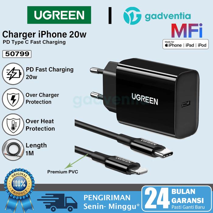 Gambar UGREEN 20W PD Charger USB C to Lightning Apple MFi Cable iPhone 12 Pro - Hitam dari GADVENTIA undefined Tokopedia