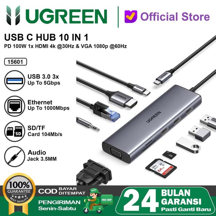 Gambar UGREEN USB Hub Type C To RJ45 HDMI 4K VGA SD Card Aux 3.5mm - 15601 / 80133 / 15375 - 15601 10in1 dari GGSTORESBY undefined Tokopedia