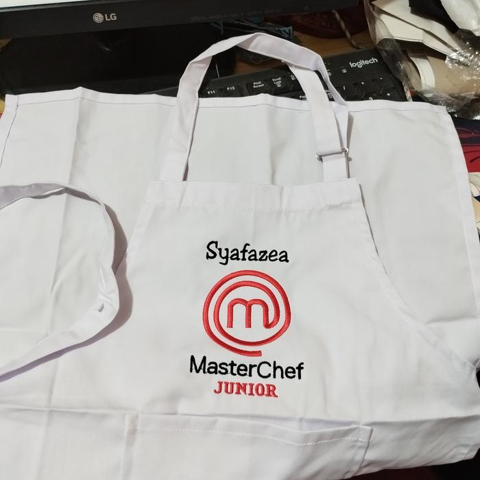 Gambar Apron anak master chef junior + nama - celemek master chef + nama - Putih, apron+logo+nama dari Morez Collection undefined Tokopedia