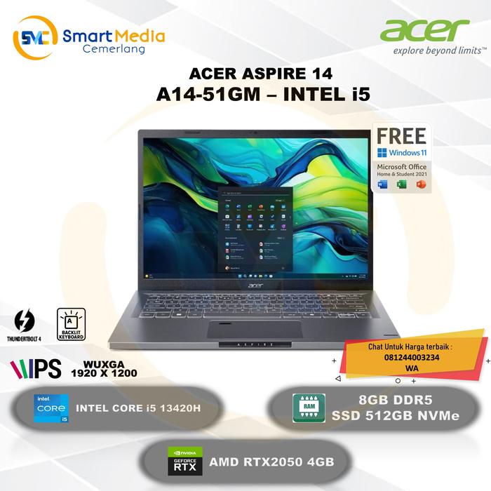 Gambar ACER Aspire 14 AI A14-51GM|i5-13420H|8GB|512GB|14" WUXGA|W11+OHS dari Smart Media Computer undefined Tokopedia