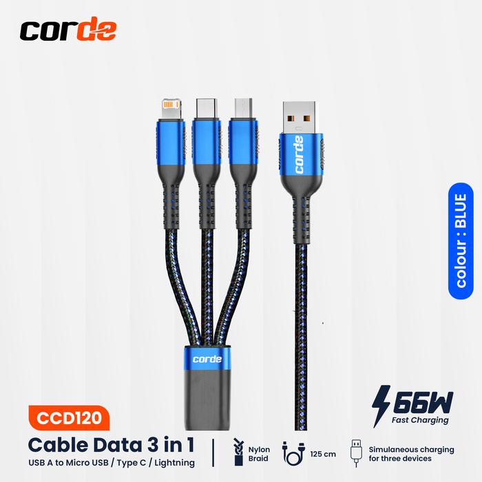 Gambar Kabel Data CORDE 3 in 1 Micro USB Lightning Type C Fast Charging 66W - 66W Biru dari Corde Jakarta Official undefined Tokopedia