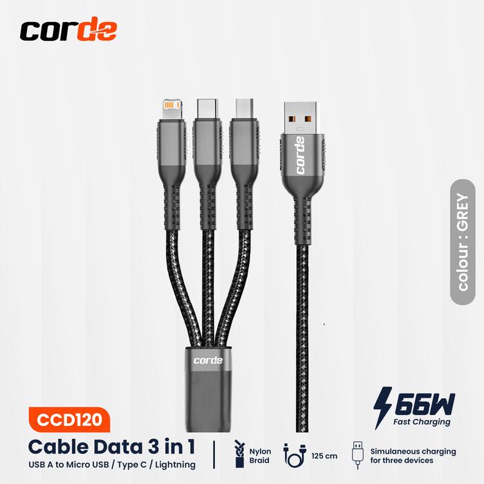 Gambar Kabel Data 3 in 1 Micro USB Lightning Type C Fast Charging 5A - 66W Abu-Abu dari Corde Jakarta Official undefined Tokopedia
