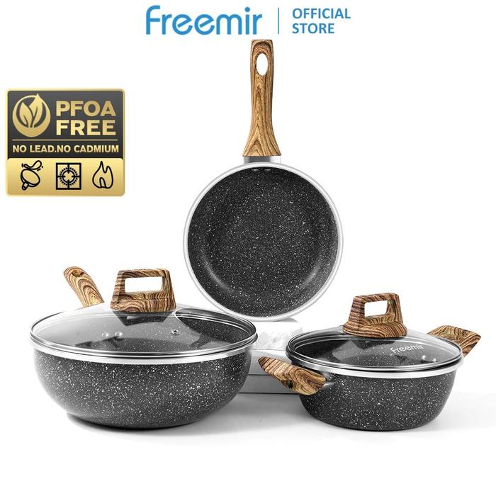 Gambar [OFFICIAL MALL] freemir Set 5 Pcs Wajan Panci Granit 26/20/20 Cm Anti Lengket Tutup Kaca Gagang Kayu Set Alat Masak Dapur Jumbo Lengkap Modern Multifungsi Surabaya - 5 Pcs dari FAJARSTORE111888 undefined Tokopedia