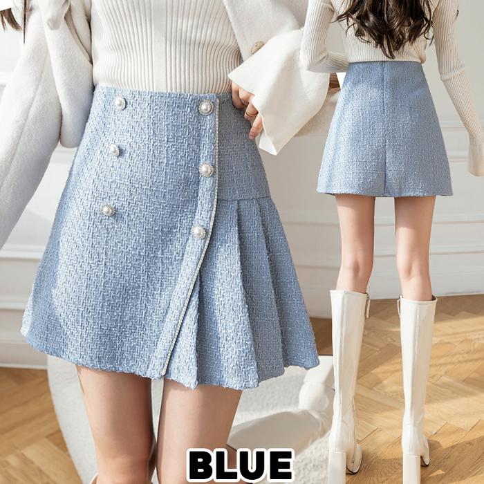 Gambar (7701)Tweed Mini Skirt/Rok Mini/Rok Pendek/Rok Pesta soft  girl  outfit rok cantik - Blue, S dari Karakoreashop undefined Tokopedia