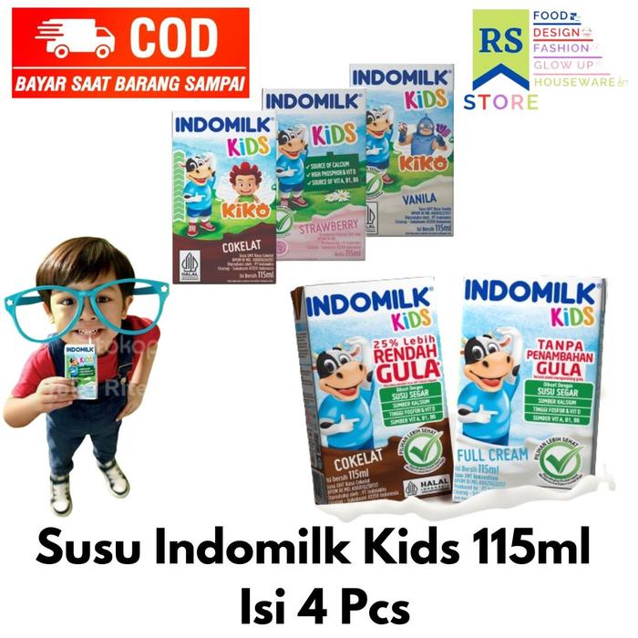 Gambar susu indomilk kids susu uht isi 4 pcs cokelat rendah gula 115 ml susu uht indomilk kids 115ml rasa lengkap coklat strawbery vanilla full cream less sugar satuan - susu indomilk kids all varian 115m x 4pcs / indomilk susu uht kids choco 115mlx40 [1 karton] dari Toko - RS. Store undefined Tokopedia