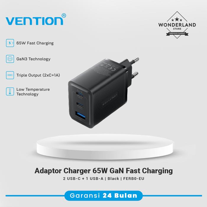 Gambar Vention Adaptor Charger 65W 2 USB-C + 1 USB-A (65W/65W/60W) PD QC PPS Fast Charging FER - Black dari Wonderland Store undefined Tokopedia
