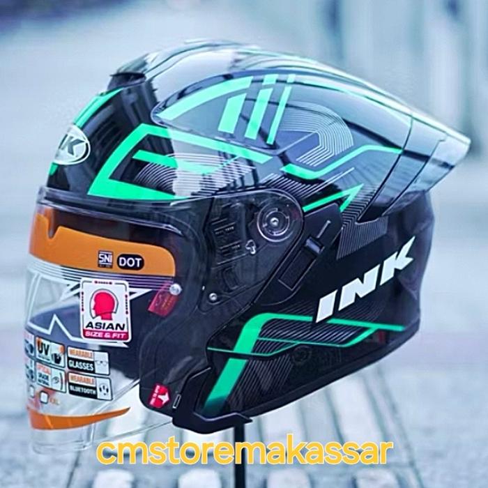 Gambar Helm INK Terra 2 Half Face Solid dan Motif SNI Double Visor Kacamata Dalam - #1 Black Green, XL dari Cmstoremakassar undefined Tokopedia