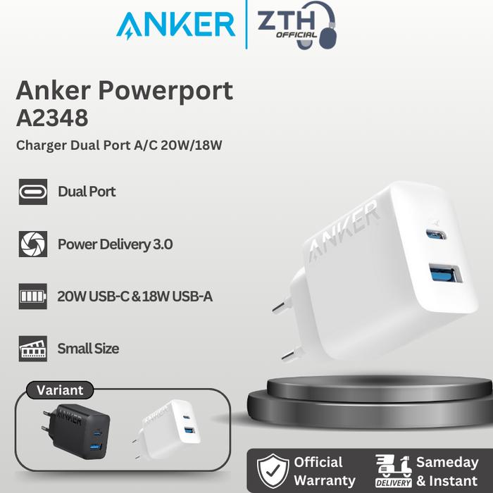Gambar Anker Powerport Charger 20W 18W Dual Port USB Type A & C - A2348 - White dari ZTH Official undefined Tokopedia