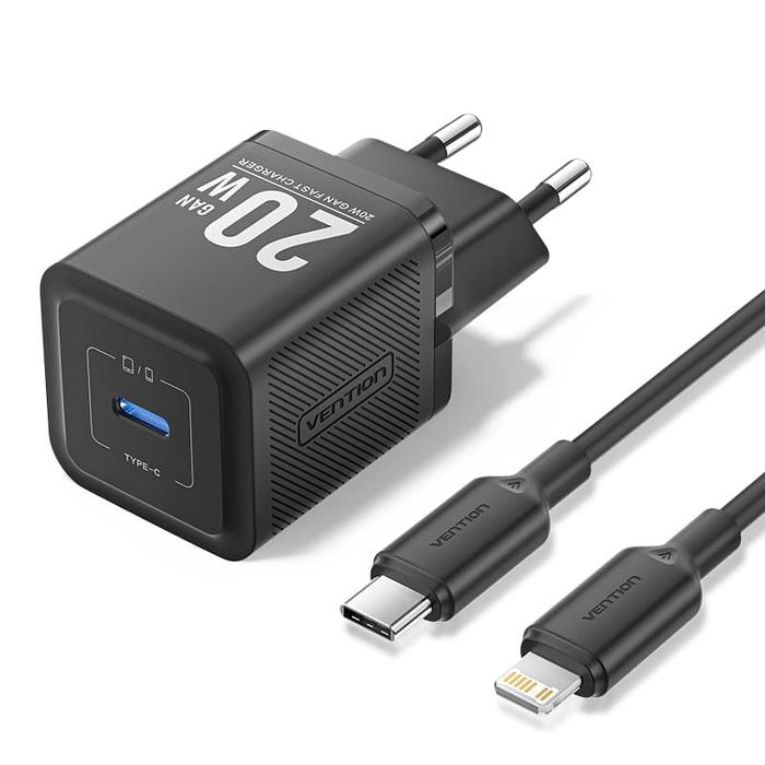 Gambar Vention Adaptor Kepala Charger GaN 1C 20W PD with Cable USB C to Lightning EU - TZ - FEP - BLACK dari Vention By Andalan undefined Tokopedia