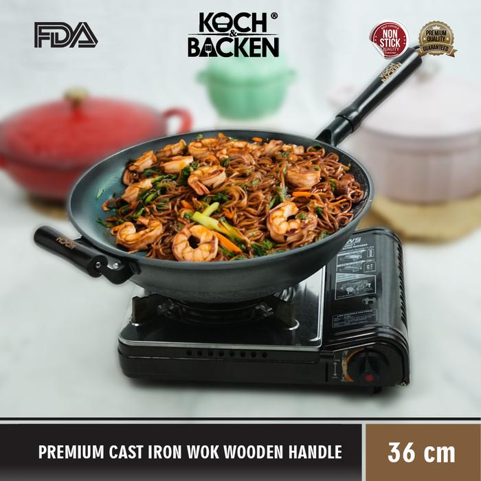 Gambar KOCH&BACKEN Premium Cast Iron Wok Nitriding Round Bottom 36cm - Wajan Penggorengan Kuali Anti Lengket Gagang Kayu - Wok Saja dari Koch&Backen undefined Tokopedia