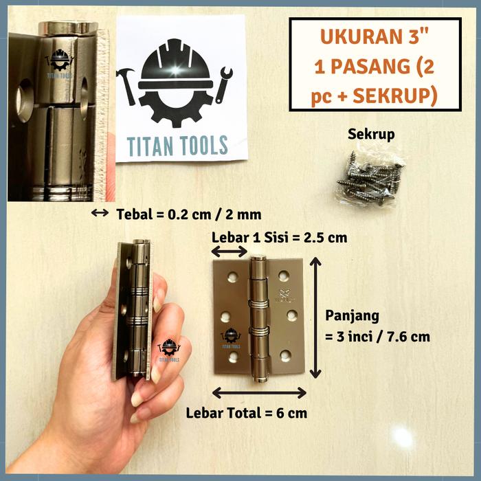 Gambar Engsel Bearing Stainless Tebal Silver Ukuran 3 Inch 4 Inch SN / Engsel Pintu Rumah Jendela Lemari - 3" Inci dari Titan Tools Sby undefined Tokopedia