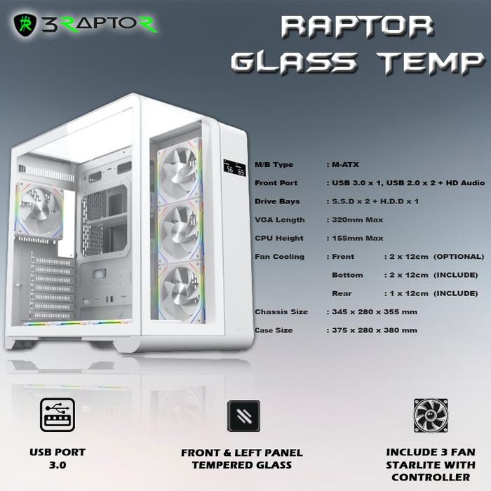 Gambar CASING RAPTOR GLASS TEMP INCLUDE 3 FAN - Putih dari Daftar Harga Komputer undefined Tokopedia