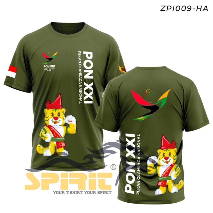 Baju PON Aceh Sumut Kaos PON Maskot Harimau Sumut 2024 Pekan Olahraga  Nasional Lengan Pendek Katun 24s Jumbo Hijau Army, S