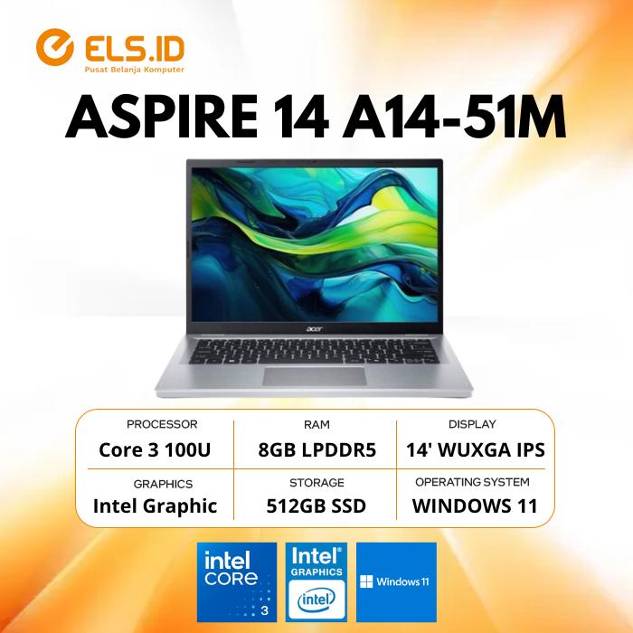 Gambar Acer Aspire 14 A14 51M Intel Core 3 100U 8GB SSD 512GB 14" WUXGA W11+OHS dari Els Computer undefined Tokopedia