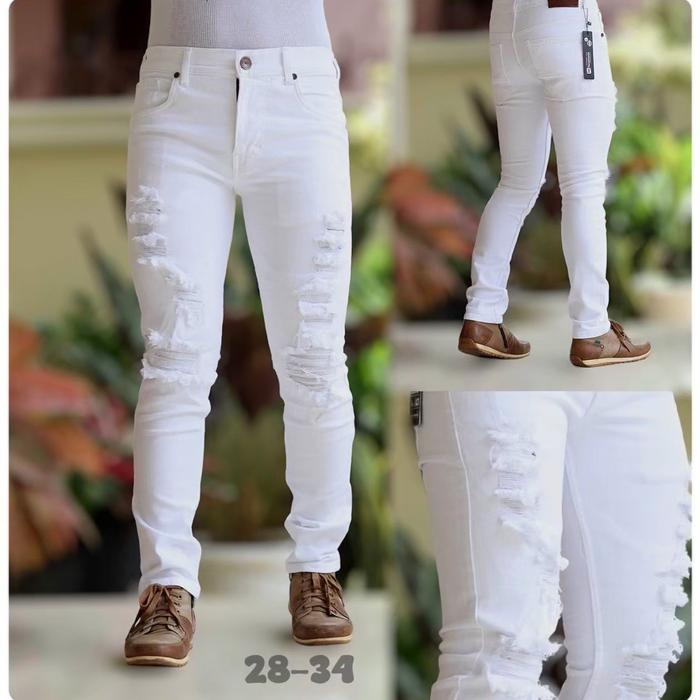 Gambar celana pria jeans sobek lutut warna putih slim fit distro terbaru - 986, 27 dari SHOUKI EIGHT undefined Tokopedia