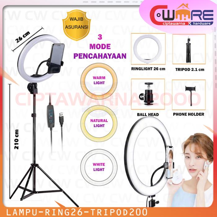 Gambar Paket Tripod 200cm + Lampu Ring Light LED 26cm 10" Selfie Tiktok - LRC - KUALITAS HIGH dari Ciptawarna2000 Home Living undefined Tokopedia