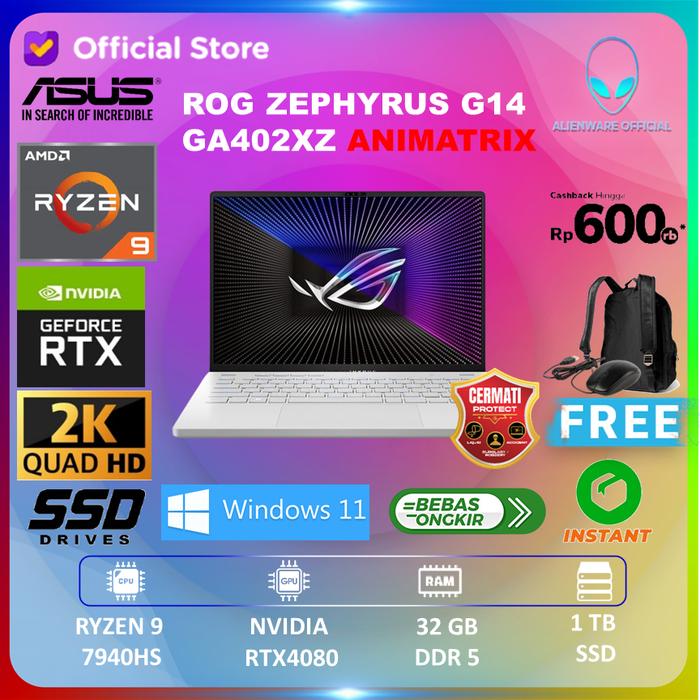 Gambar ASUS ROG ZEPHYRUS G14 GA402XZ ANIMATRIX RTX4080 RYZEN 9 7940HS 32GB 1TB 14"QHD IPS - UNIT dari AI Official Store undefined Tokopedia