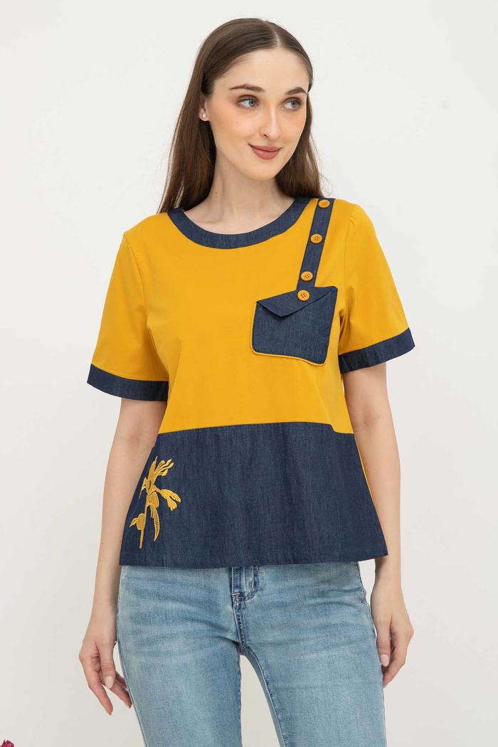 Gambar *Ready Stok* SISTER'S - Atasan Denim Kombi Kaos C4946 (CAP) - Kuning, XL dari Sisters Fashion Group undefined Tokopedia