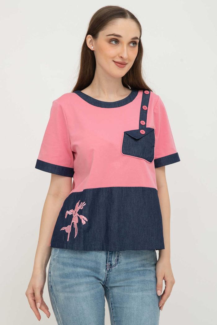 Gambar *Ready Stok* SISTER'S - Atasan Denim Kombi Kaos C4946 (CAP) - Pink, M dari Sisters Fashion Group undefined Tokopedia