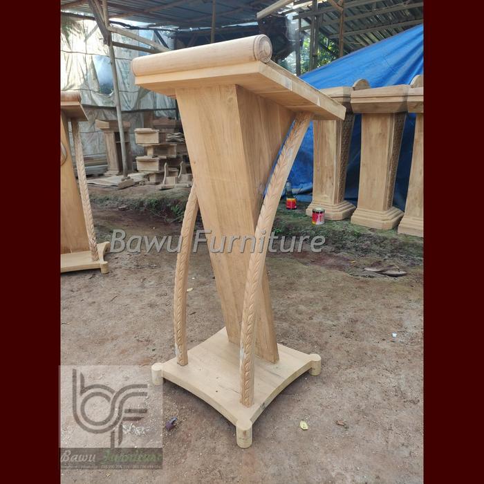 Gambar Podium Pidato Instansi atau Sekolah  - Podium Minimalis Terbaru Bahan Full Kayu Jati Tiang Ukir Padi - BELUM FINISHING dari Bawu Furniture_NEW undefined Tokopedia