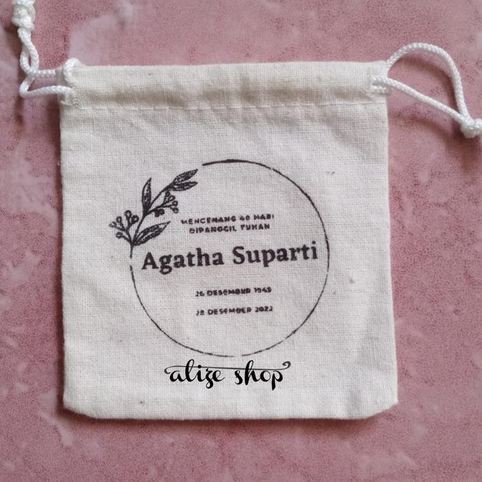 Kantong Serut Blacu Sablon Pouch Souvenir Custom 13×23, TALI KATUN