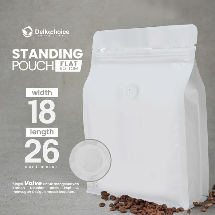 Gambar STANDING POUCH VARIAN KEMASAN FLAT BOTTOM WHITE +VALVE MURAH SATUAN - 18CM X 26CM dari kilat packing undefined Tokopedia