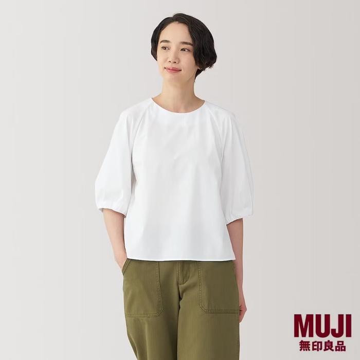 Gambar MUJI Ladies Quick Dry Broadcloth 1/2 Sleeve Blouse/baju atasan wanita simple putih hitam biru coklat - White, XL dari Thesgstuffs undefined Tokopedia