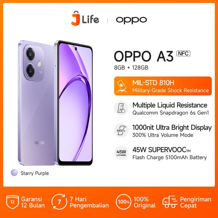 Gambar Jlife - OPPO A3 8/128GB Smartphone Gaming [Military-Grade Shock Resistance, Qualcomm Snapdragon 6s 4G Gen1, 45W SUPERVOOC] - Ungu dari Jlife_NEW undefined Tokopedia