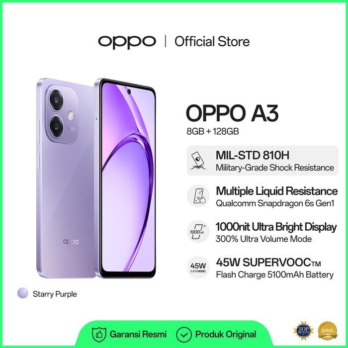 Gambar OPPO A3 8GB/128GB Online Exclusive (Garansi Resmi) - Promo - Ungu dari OPPO Store Indonesia undefined Tokopedia