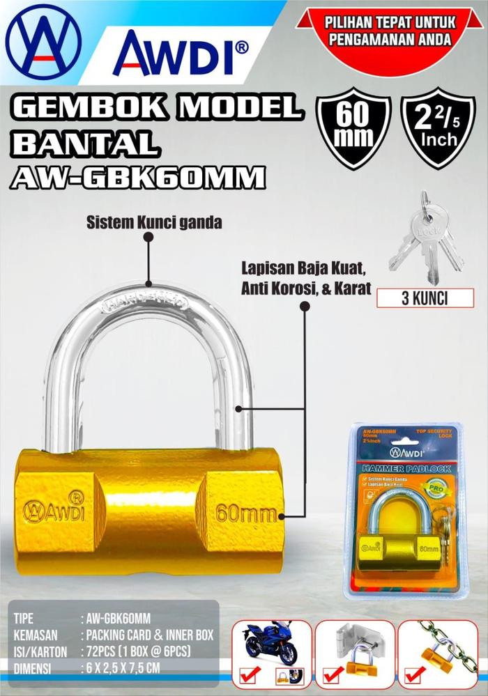Gambar Gembok AWDI model bantal Gembok pagar pintu cakram AW-GBK 40 mm 50 60 70mm padlock bahan Baja Kuat Anti Korosi & Karat - 60mm dari kitani online undefined Tokopedia