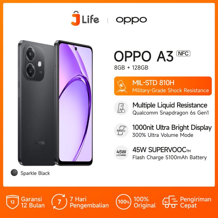 Gambar Jlife - OPPO A3 8/128GB Smartphone Gaming [Military-Grade Shock Resistance, Qualcomm Snapdragon 6s 4G Gen1, 45W SUPERVOOC] - Hitam dari Jlife_NEW undefined Tokopedia
