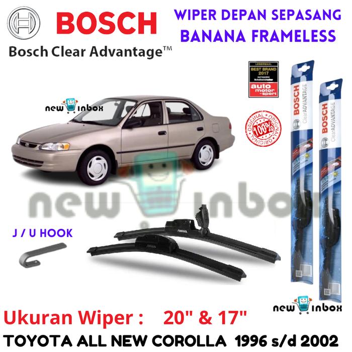 Gambar Wiper Depan Mobil TOYOTA ALL NEW COROLLA 1996-2002 Sepasang Frameless BOSCH CLEAR ADVANTAGE 20" & 17" / 20" & 18" ORIGINAL - Depan 20" & 17" dari NEW IN BOX undefined Tokopedia