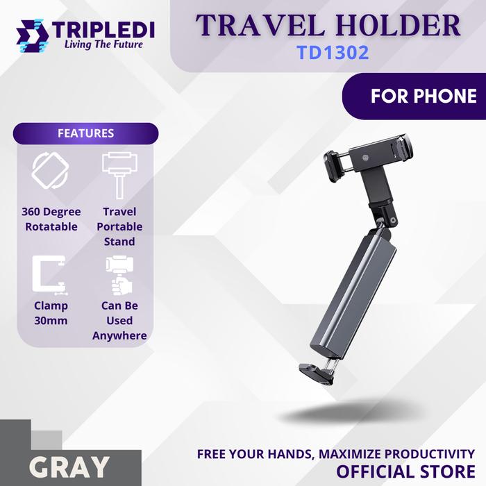Gambar TRIPLEDI Phone Holder Travel Portable Aluminium TD1302 Mini Stand Clamp Adjustable 30mm Tripod Jepit Koper Kabin Bagasi Hands Free Foldable Lazypod Rotatable - Abu-abu dari TRIPLEDI undefined Tokopedia