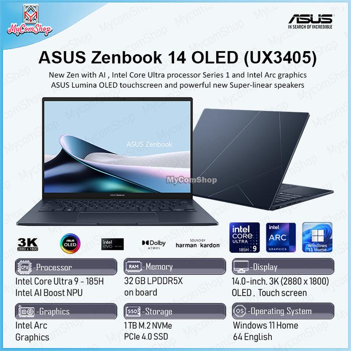 Gambar ASUS ZENBOOK 14 OLED UX3405 ULTRA 9 185H 32GB RAM 1TB SSD INTEL ARC 14" OLED 3K TOUCH SCREEN WIN 11 HOME dari MYCOMSHOP undefined Tokopedia
